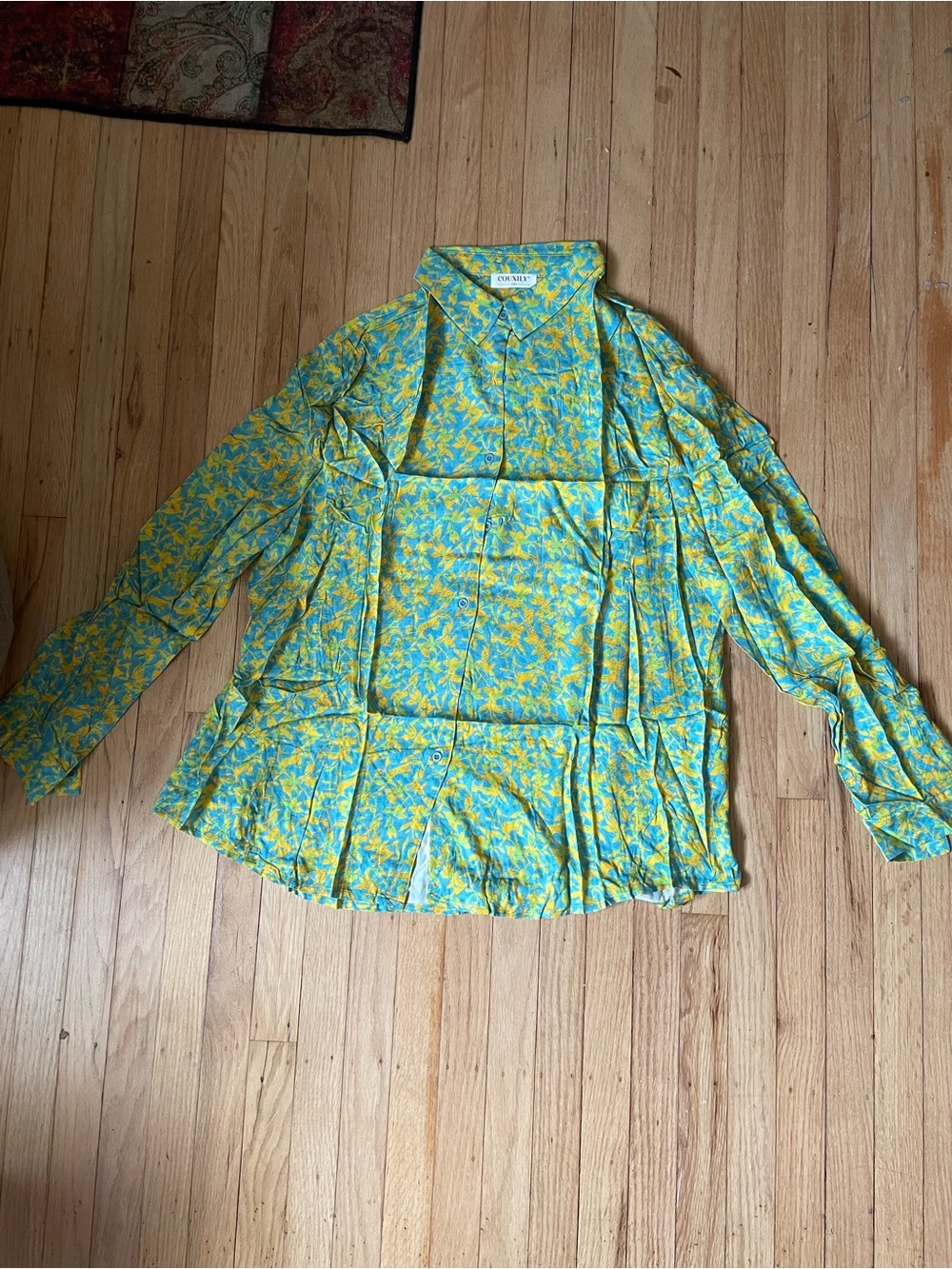 Vibrant Turquoise & Yellow Floral Button-Up Blouse